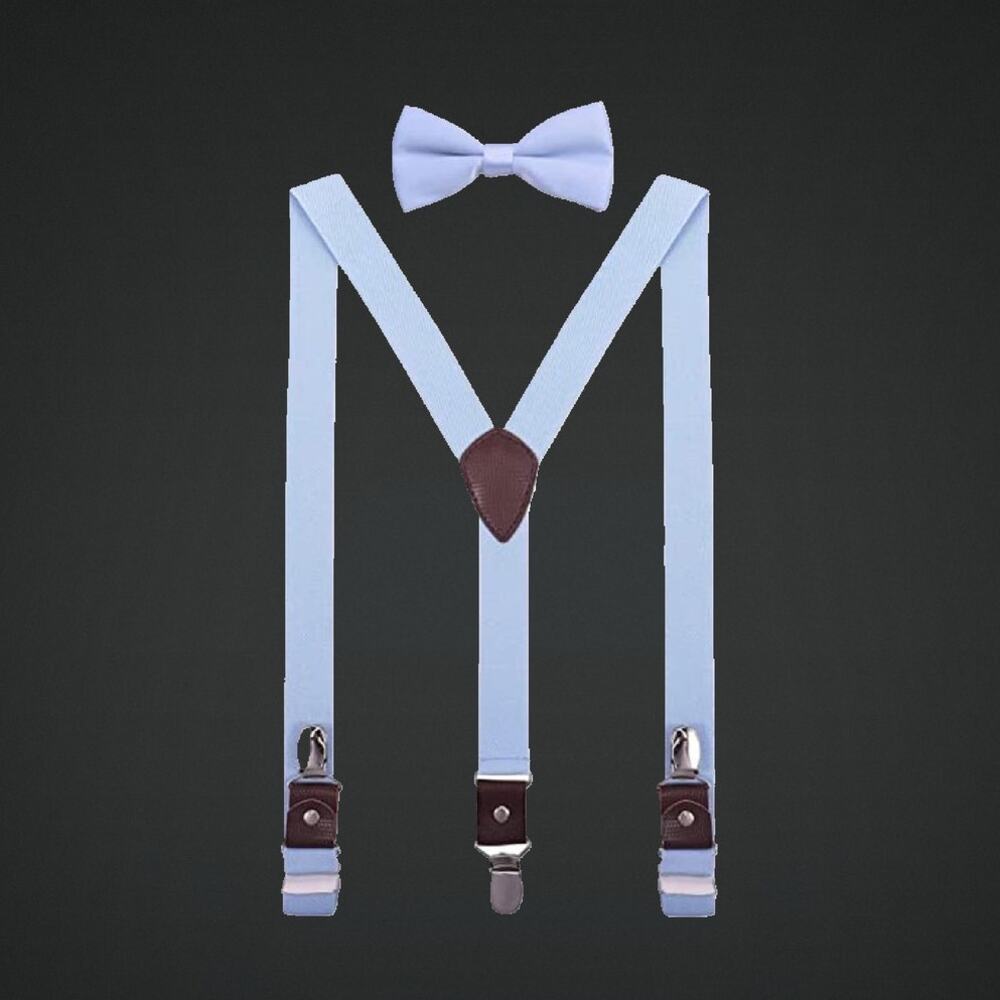 Light Blue Boys Adjustable Suspenders and Bow Tie Set with Brown Detail